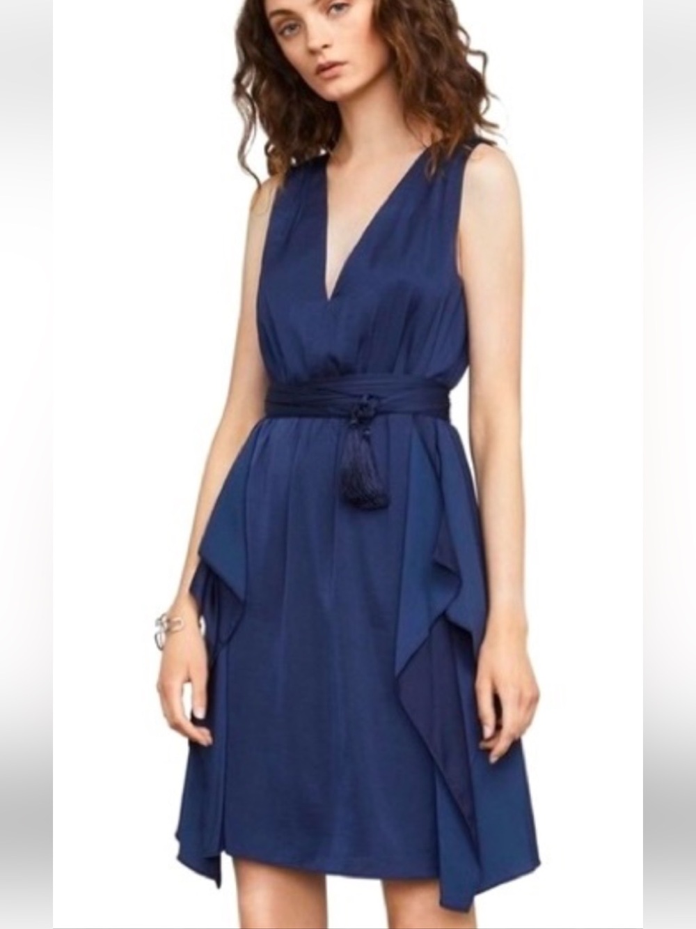 BCBGMaxAzria Deep Navy V-Neck Sleeveless Dress with Waist Tie